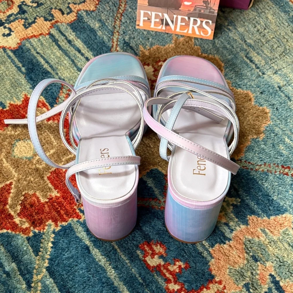 Feners “Le Disco” Iridescent Pastel Strappy Block Heel Sandals - Picture 6 of 7